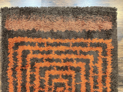 Vintage Rya Shag Rug 4.6 x 6.6, Abstract Design, Brown and Orange, Mid Century Danish Rya Carpet - Nuvé