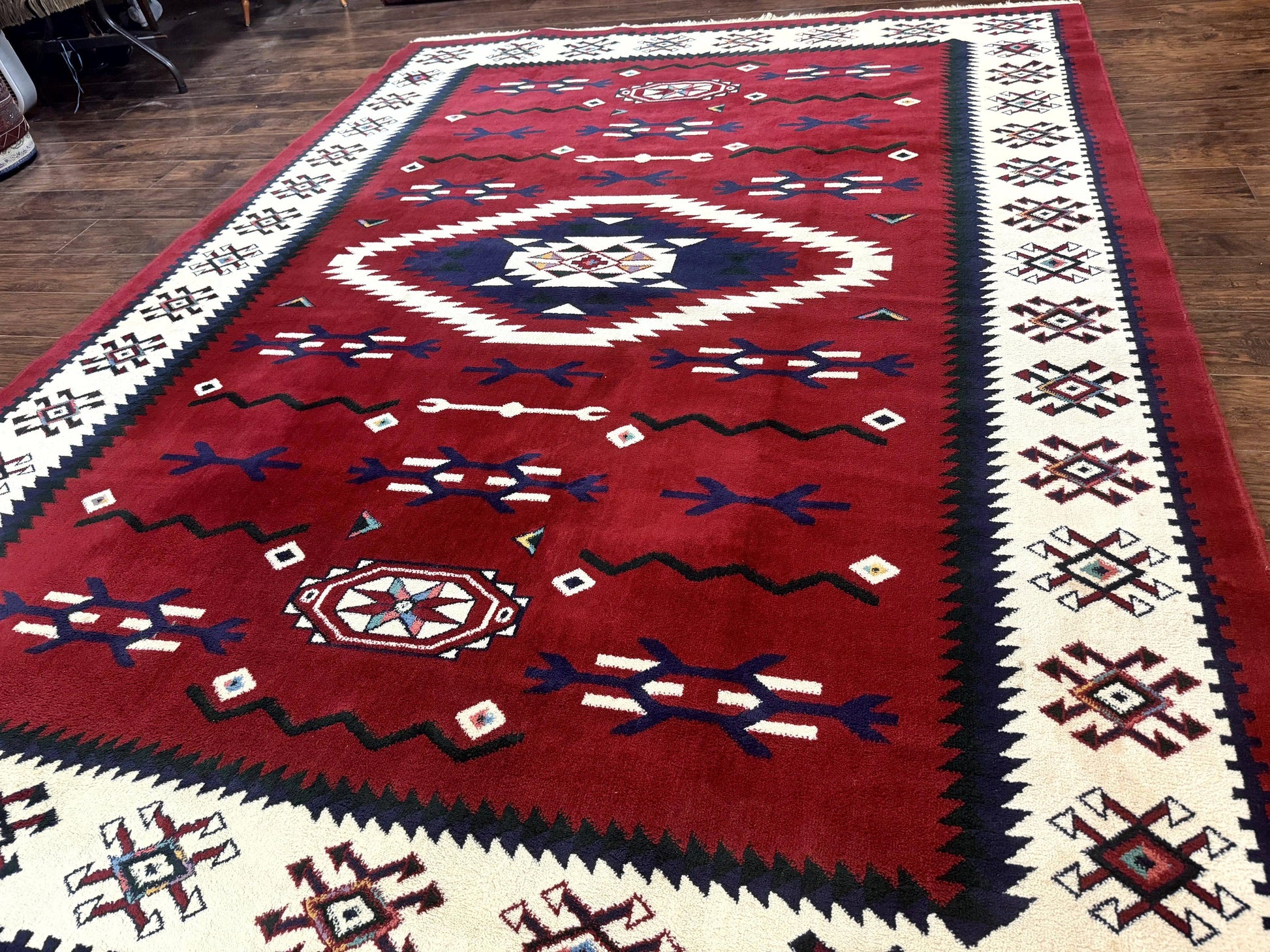Belgium Power Loomed Rug 8x11, Navajo Native American Design, Dark Red and Ivory, Tribal Rug, Bohemian Carpet - Nuvé