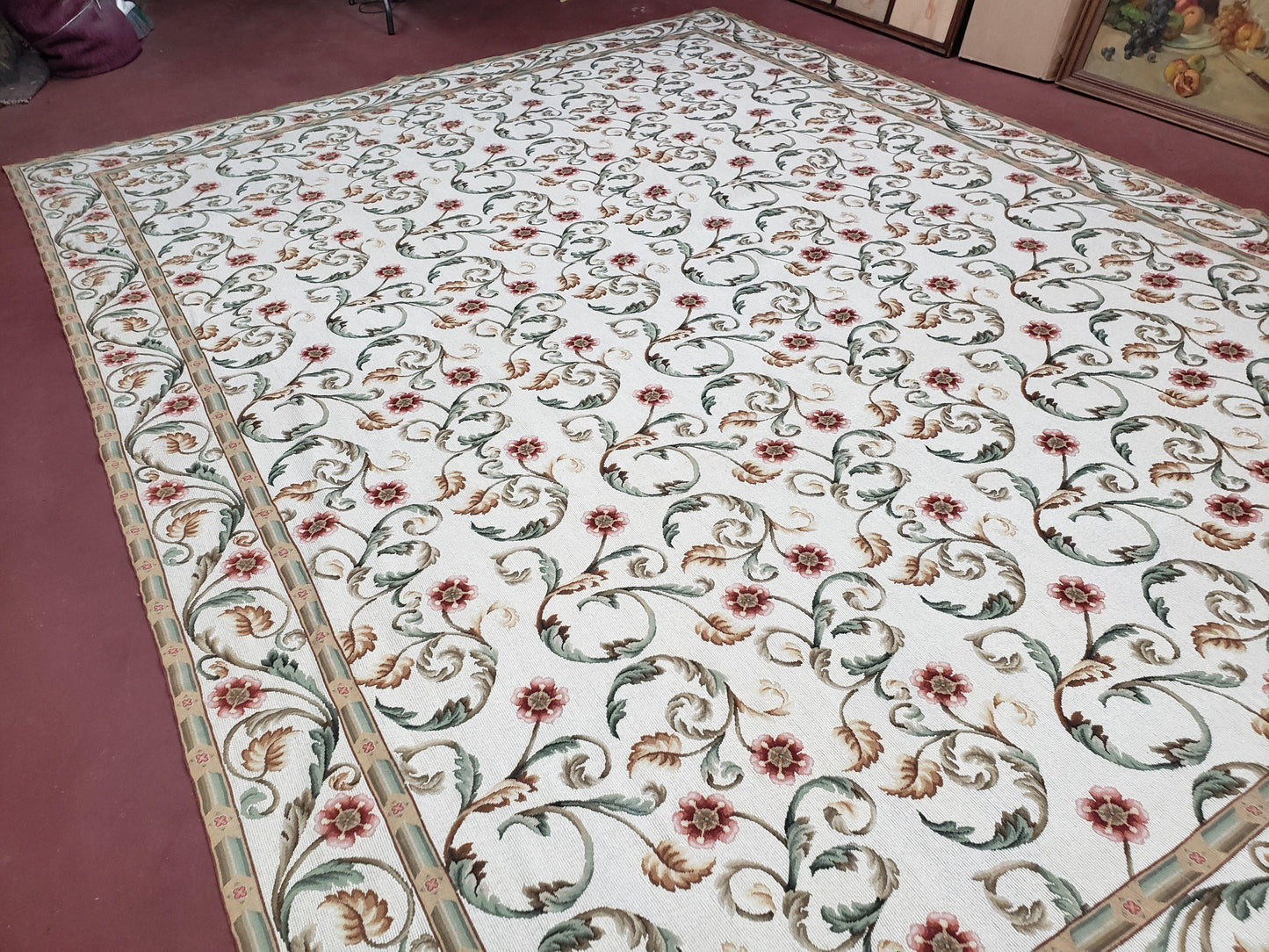 Needlepoint Rug 9x12, European Aubusson Design, Floral Allover Garden Pattern, New Needlepoint Area Rug, Ivory Rug, Hand Woven, Flatweave - Nuvé