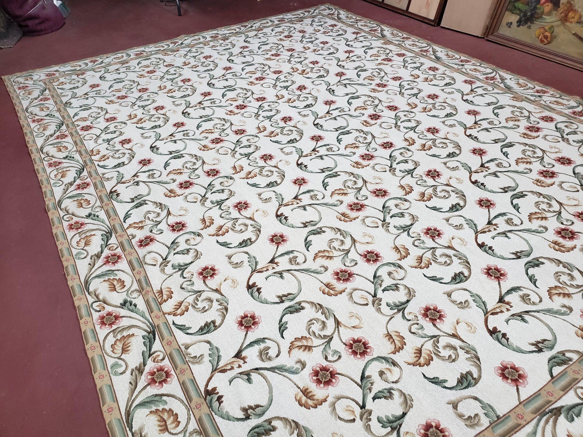 Needlepoint Rug 9x12, European Aubusson Design, Floral Allover Garden Pattern, New Needlepoint Area Rug, Ivory Rug, Hand Woven, Flatweave - Nuvé