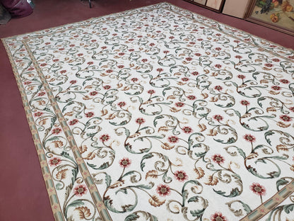 Needlepoint Rug 9x12, European Aubusson Design, Floral Allover Garden Pattern, New Needlepoint Area Rug, Ivory Rug, Hand Woven, Flatweave - Nuvé
