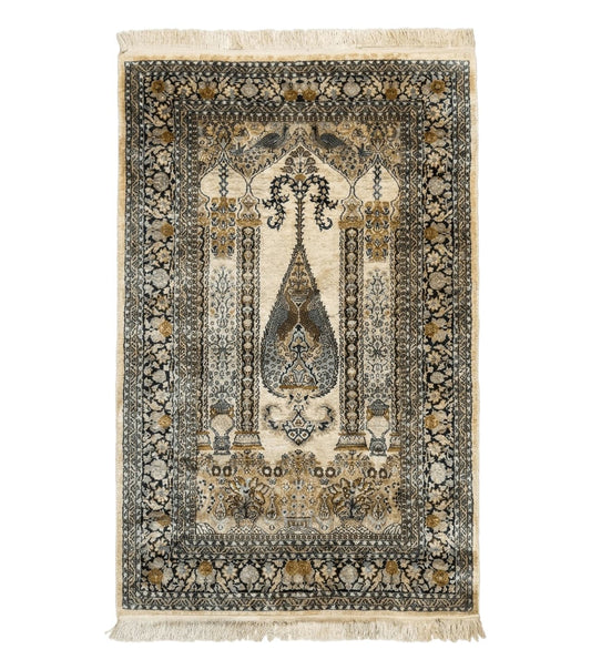 Silk Indian Kashmiri Rug 3x4, Very Fine 400 KPSI, Silk Prayer Rug, Handmade
