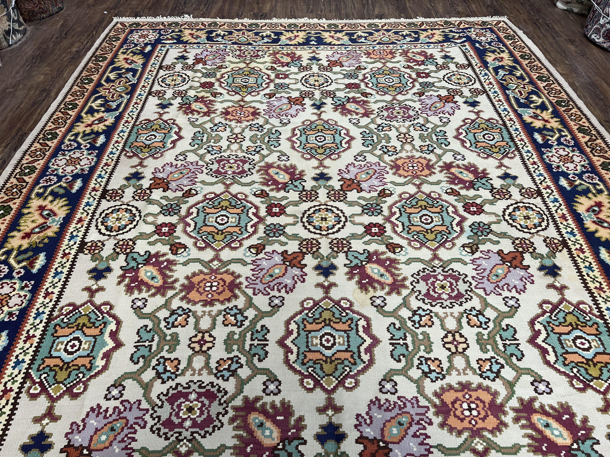 Antique Turkish Kilim Rug 7x10 Allover Pattern, Ivory Cream Maroon Light Blue, Wool Flatweave Hand Woven, Large Kilim, Vintage Kilim Carpet