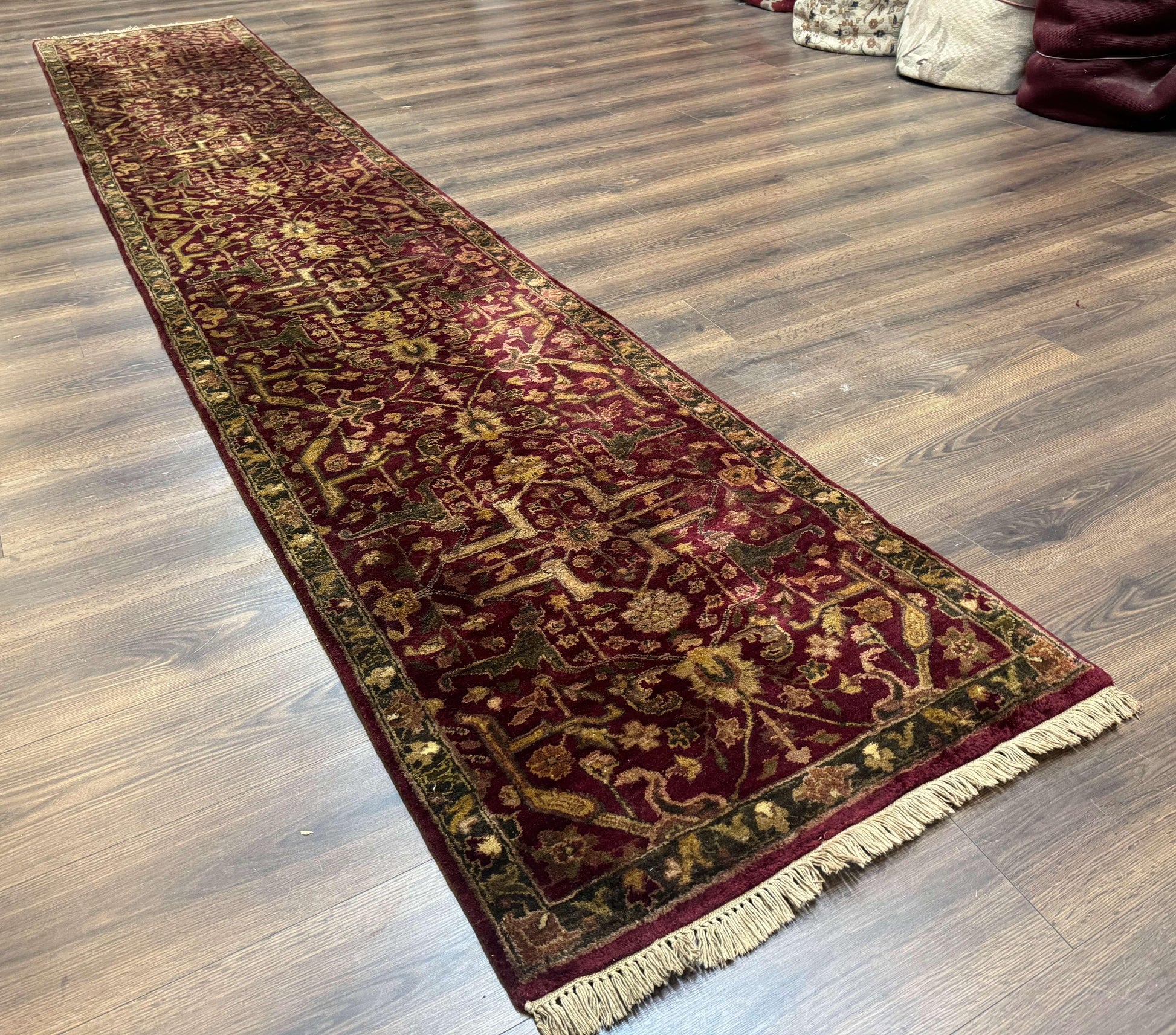 Indo Persian Runner Rug 2.7 x 13.8, Maroon, Wool, Handmade Indian Rug for Hallway - Nuvé