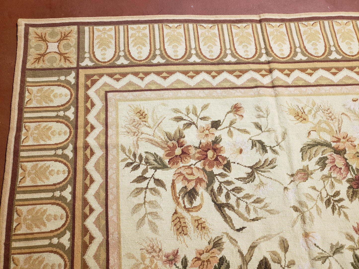 Needlepoint Rug 8x10 Aubusson Rug Victorian Floral Rug Handmade French Style French Decor Garden Panel Beige 8 x 10 Area Rug 100% Wool - Nuvé