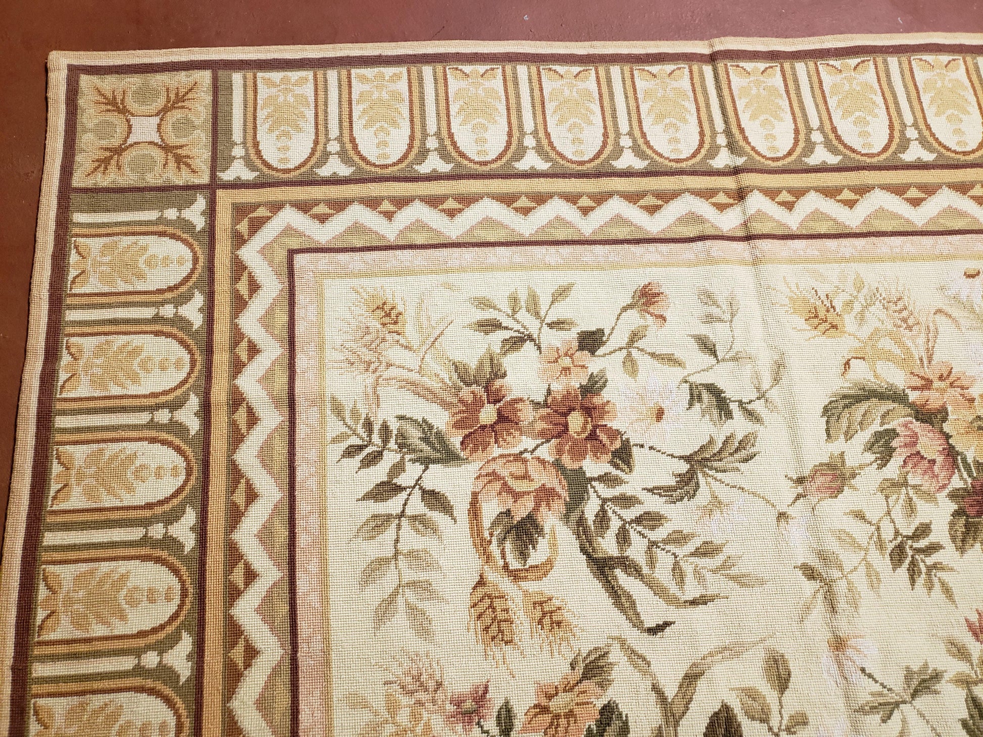 Needlepoint Rug 8x10 Aubusson Rug Victorian Floral Rug Handmade French Style French Decor Garden Panel Beige 8 x 10 Area Rug 100% Wool - Nuvé