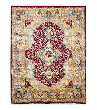 Persian Rug 9x12, Kirman DeLuxe, Millefleur Floral Medallion Carpet, Maroon Light Blue Beige, Semi Antique Authentic Hand Knotted Wool Rug
