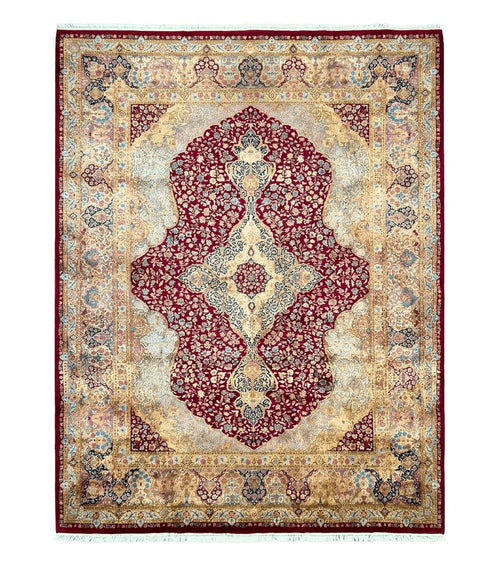 Persian Rug 9x12, Kirman DeLuxe, Millefleur Floral Medallion Carpet, Maroon Light Blue Beige, Semi Antique Authentic Hand Knotted Wool Rug