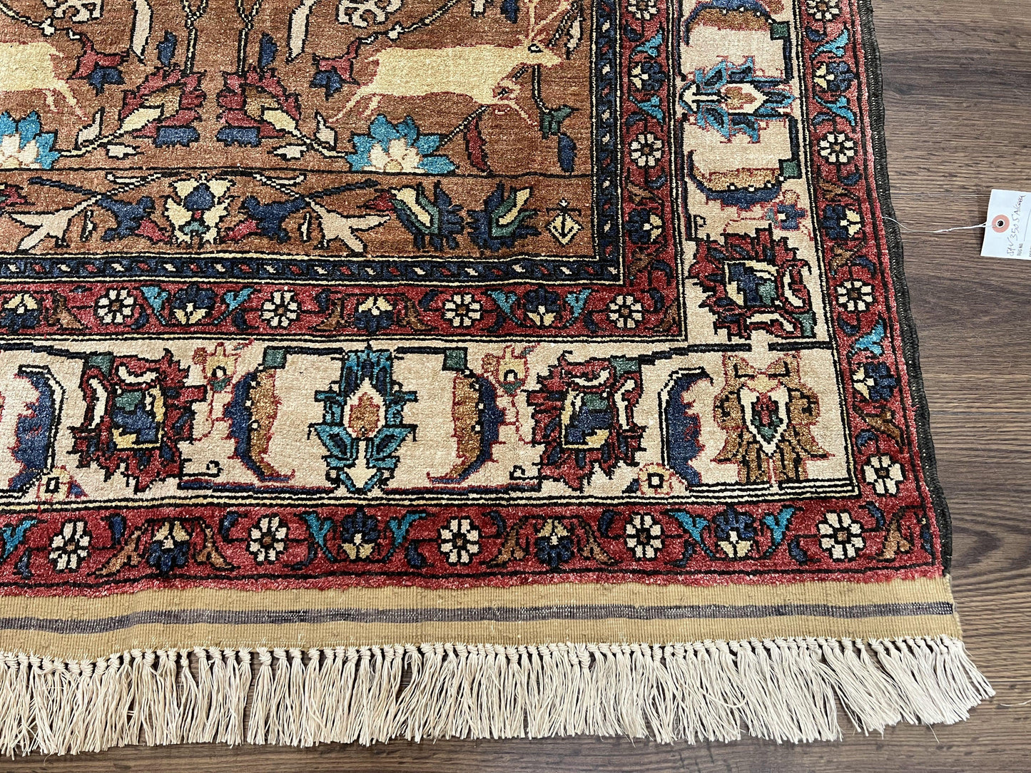 Unique Afghan Silk Rug 4x6, Hunting Pattern Animal Motifs, Light Brown and Cream, Persian Handwritten Poetry, Fine 1940s Oriental Carpet Wow - Nuvé