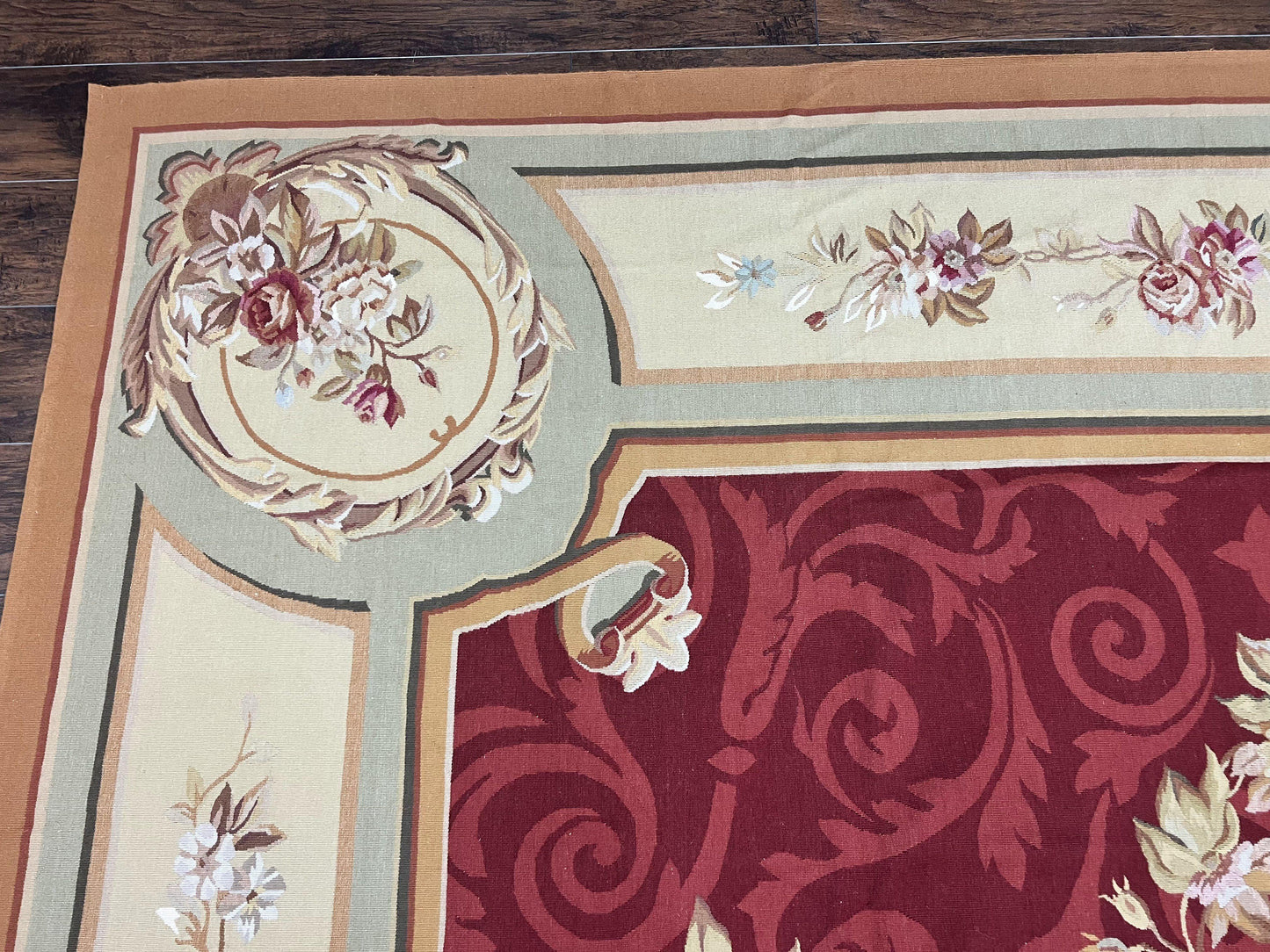 Large Aubusson Rug 10x14, Wool Handmade Vintage Carpet, Dark Red Ivory Tan, French European Elegant Aubusson Weave Rug - Nuvé