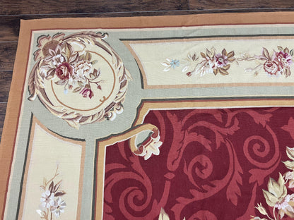 Large Aubusson Rug 10x14, Wool Handmade Vintage Carpet, Dark Red Ivory Tan, French European Elegant Aubusson Weave Rug - Nuvé
