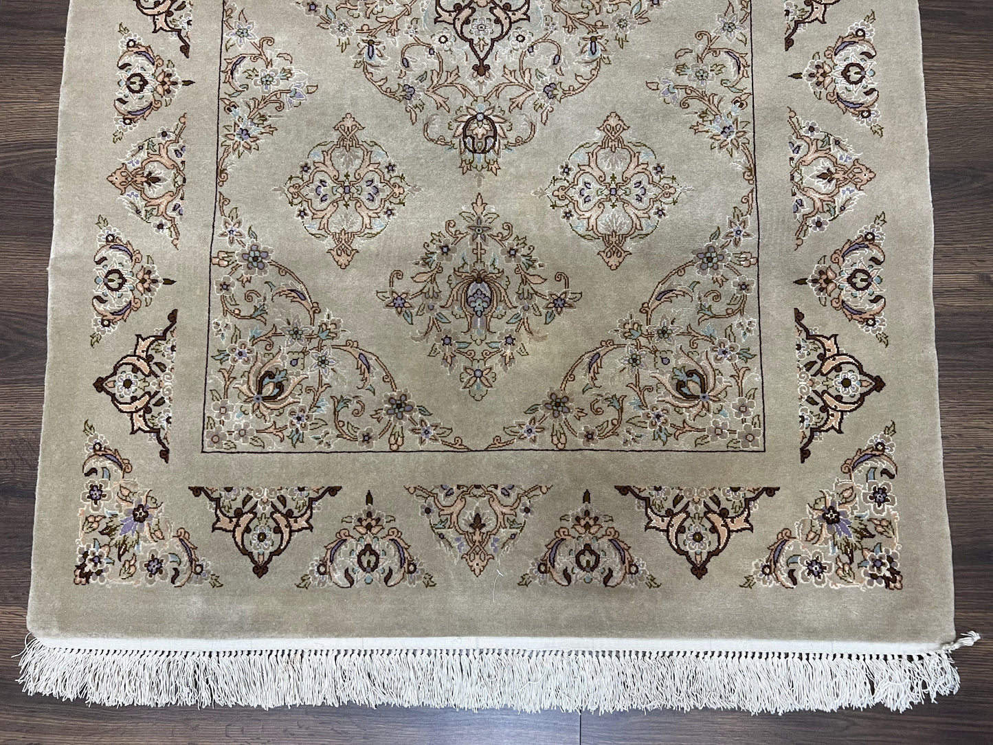 Very Fine Persian Isfahan Rug 3x5 ft with Signature, Kork Wool on Silk Foundation, Gray-Taupe Vintage Hand Knotted Oriental Carpet, 60 Raj 460 KPSI - Nuvé