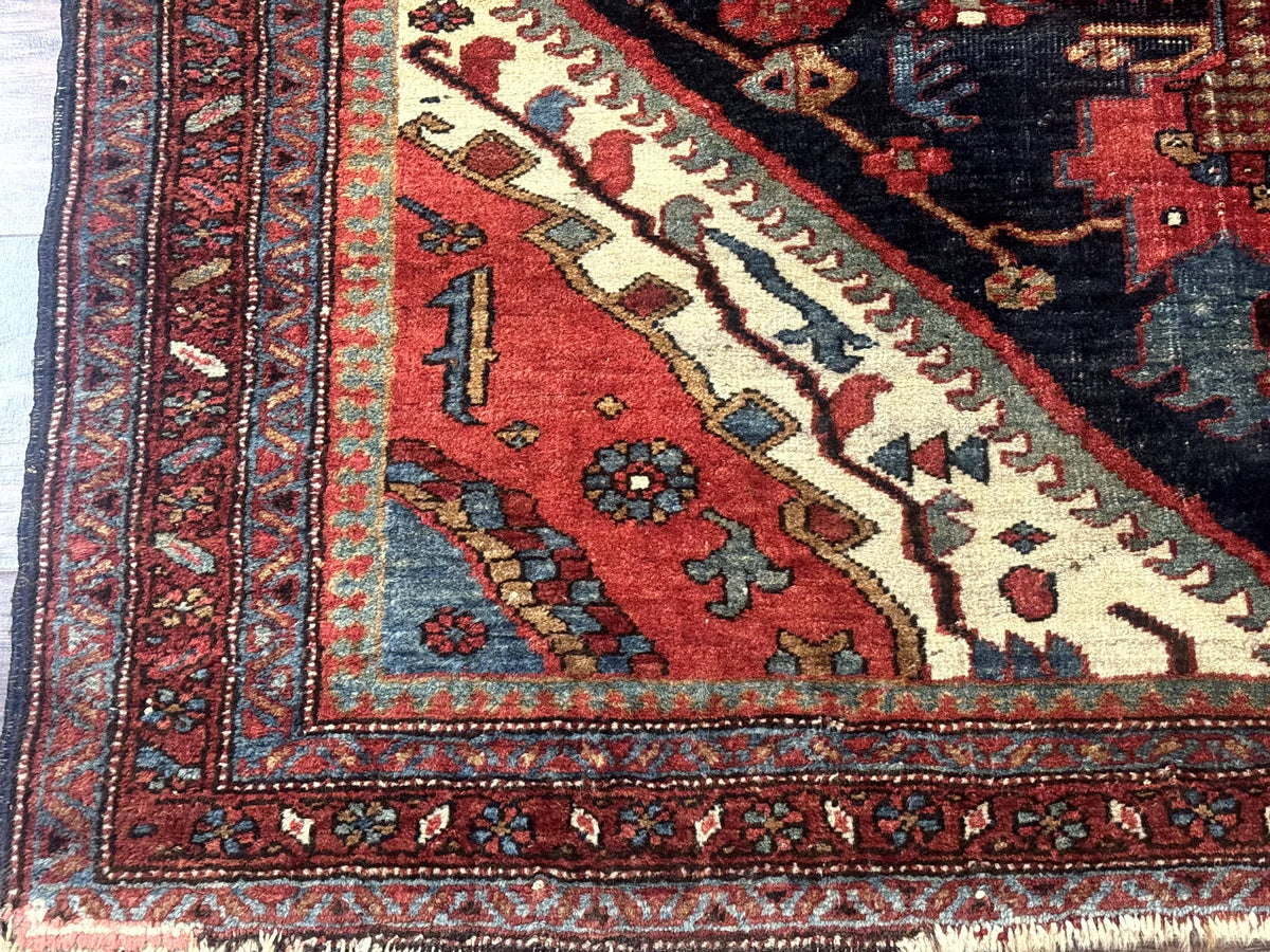 Antique Persian Bidjar Rug 5x6, Navy Blue and Red, Persian Tribal Rug