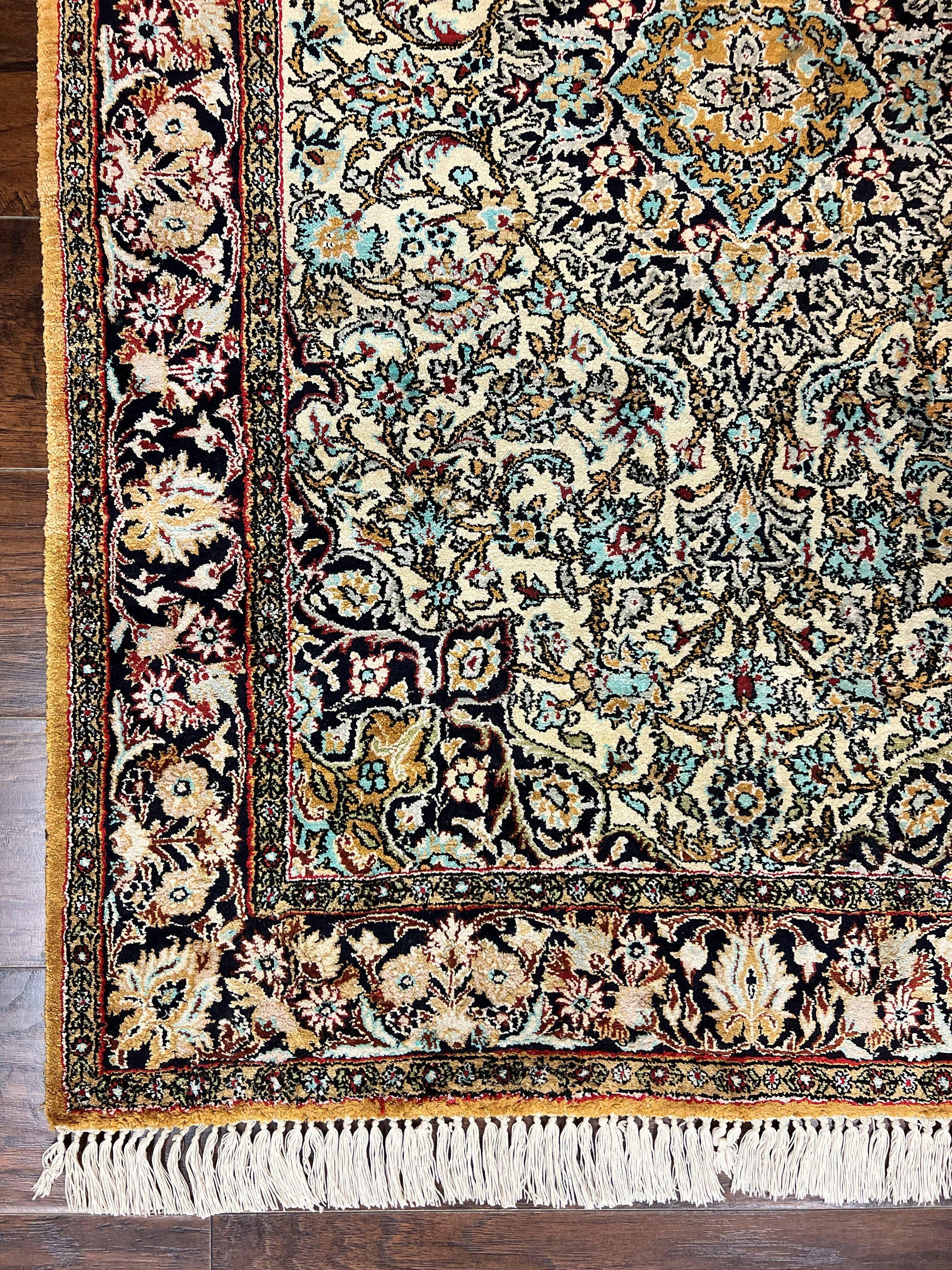 Silk Persian Qum Rug 4x5, Hand Knotted Vintage Carpet, Cream & Navy Blue, Silk Pile on Silk Foundation, Very Fine 360 KPSI - Nuvé
