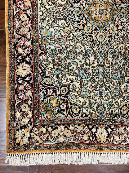 Silk Persian Qum Rug 4x5, Hand Knotted Vintage Carpet, Cream & Navy Blue, Silk Pile on Silk Foundation, Very Fine 360 KPSI - Nuvé