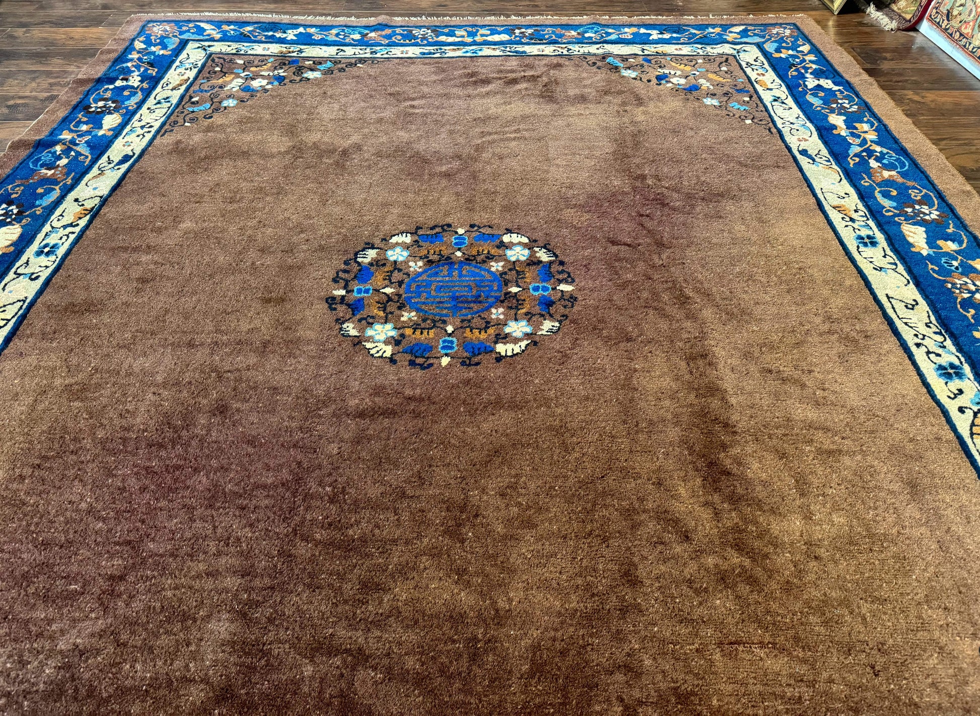 Antique Chinese Wool Rug 9x11, Large Chinese Art Deco Rug, Peking Rug, Brown and Blue, Open Field, Fete Rug - Nuvé