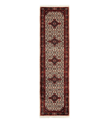 Indo Persian Bidjar Runner Rug 2.8 x 10, Vintage Rug for Hallway, 10ft Runner, Wool Handmade Ivory and Red, Medallions