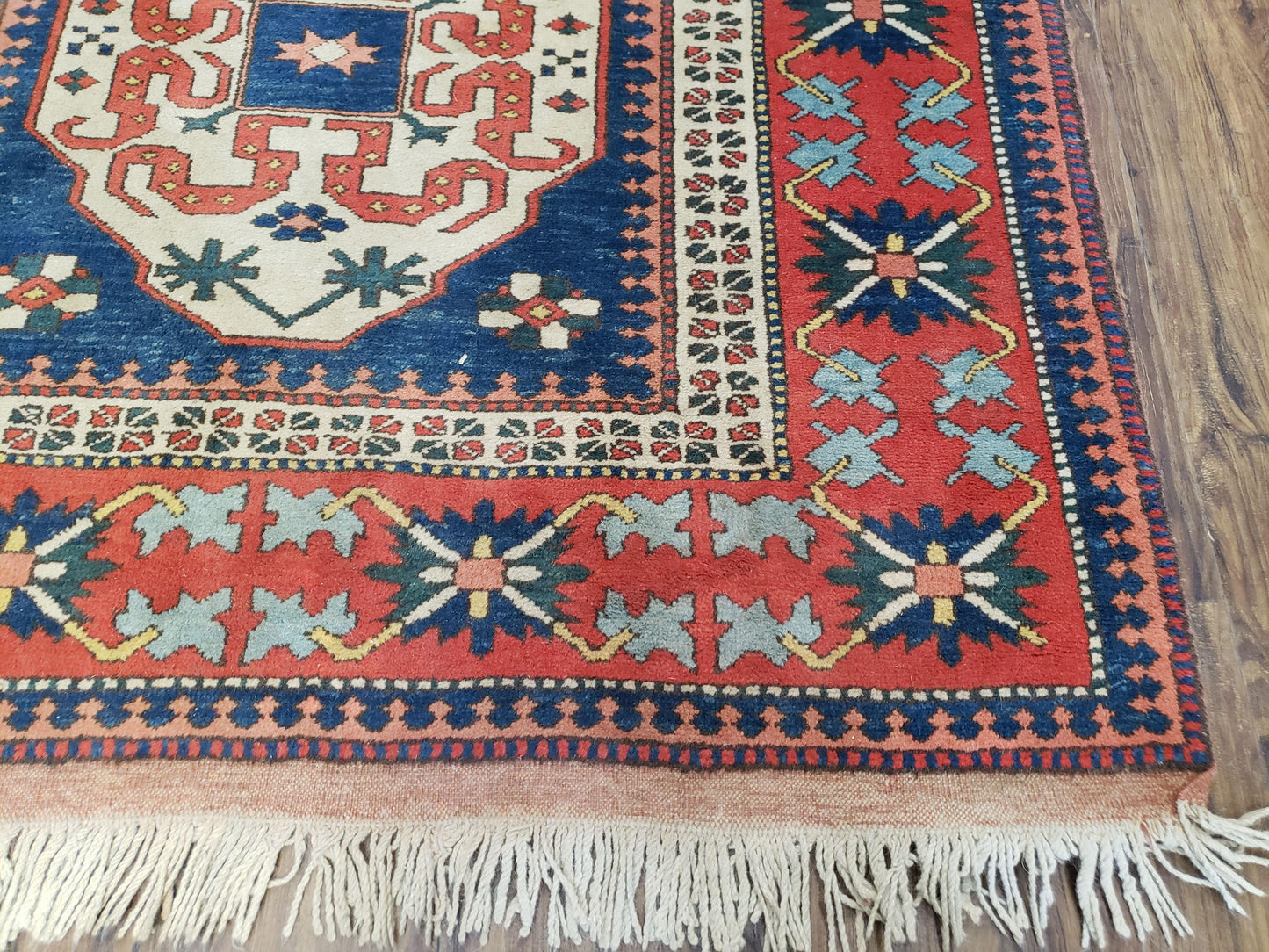 Turkish Kazak Rug 5x6 Vintage Handmade Wool Carpet Geometric Blue Red - Nuvé