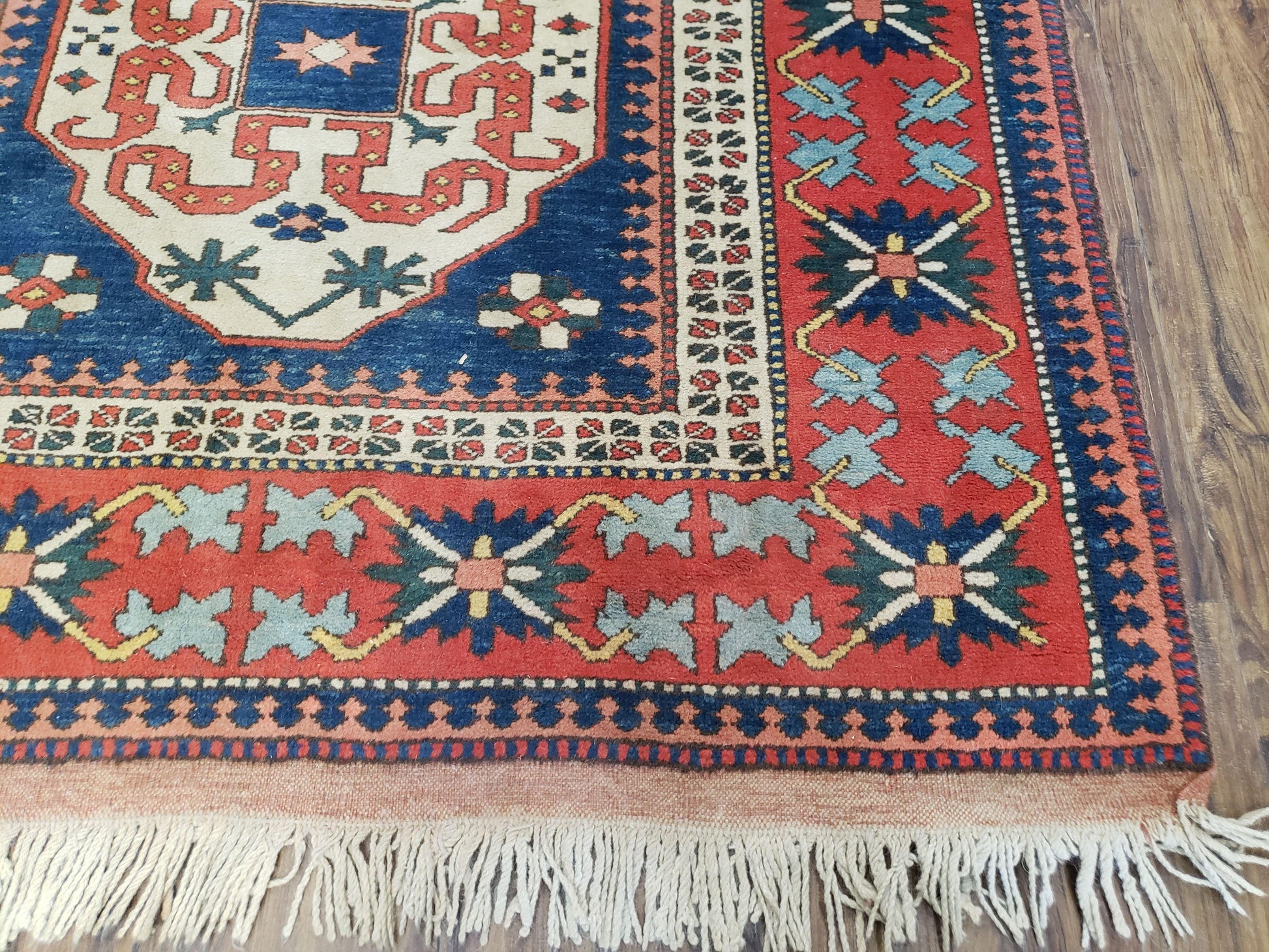 Turkish Kazak Rug 5x6 Vintage Handmade Wool Carpet Geometric Blue Red - Nuvé