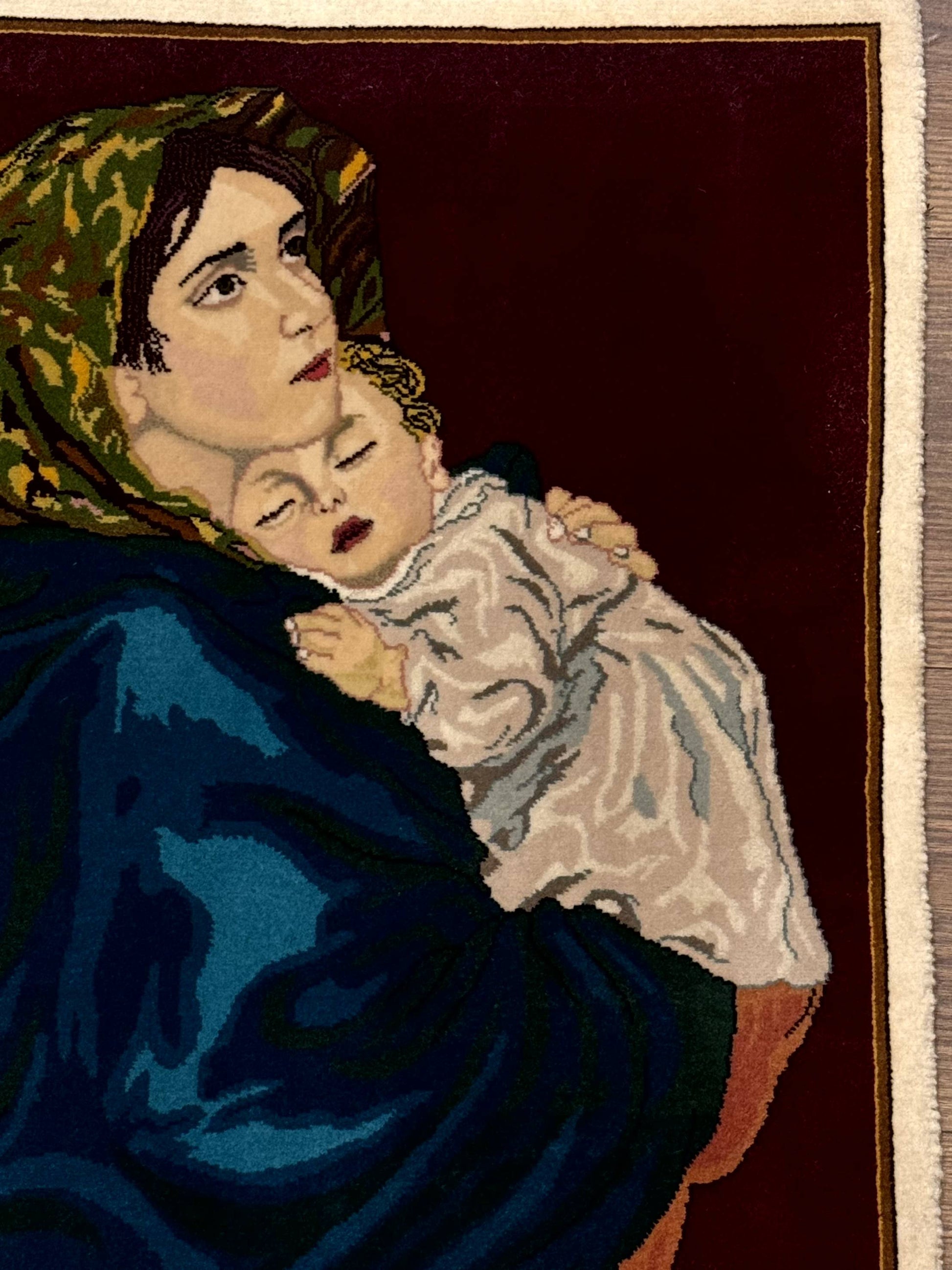 Small Persian Tabriz Pictorial Rug 2x2, Mother Holding Child, Very Fine 340 KPSI, Maroon - Nuvé
