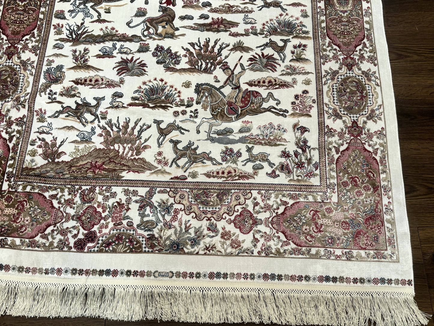 Turkish Silk Hunting Scene Rug 4x6, Ivory, Bamboo Silk, New - Nuvé