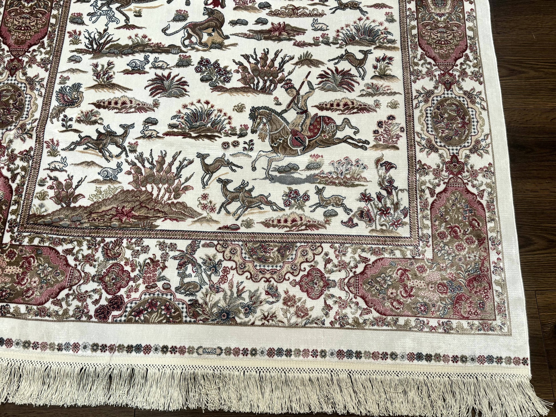 Turkish Silk Hunting Scene Rug 4x6, Ivory, Bamboo Silk, New - Nuvé