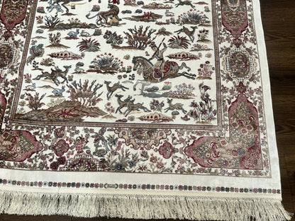 Turkish Silk Hunting Scene Rug 4x6, Ivory, Bamboo Silk, New - Nuvé