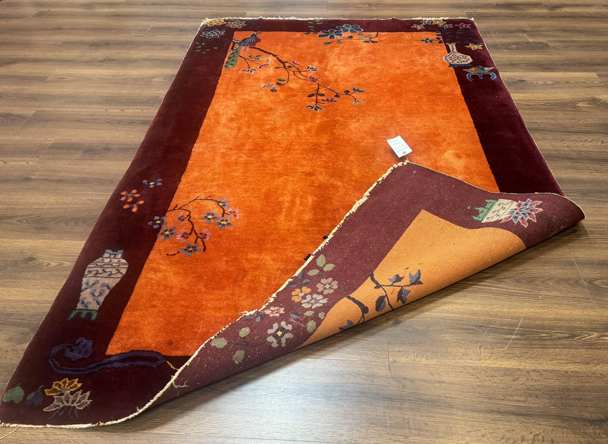 Chinese Art Deco Rug 5x8, Antique Chinese Wool Rug, Nichols Rug, Rare Chinese Carpet, Orange and Purple-Maroon - Nuvé