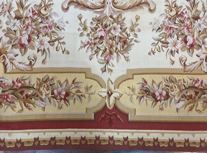 Aubusson Rug 9x12, Elegant Flatweave Savonnerie Carpet 9 x 12 ft, Ivory Light Yellow Red, Handmade Wool Flatweave French European Rug