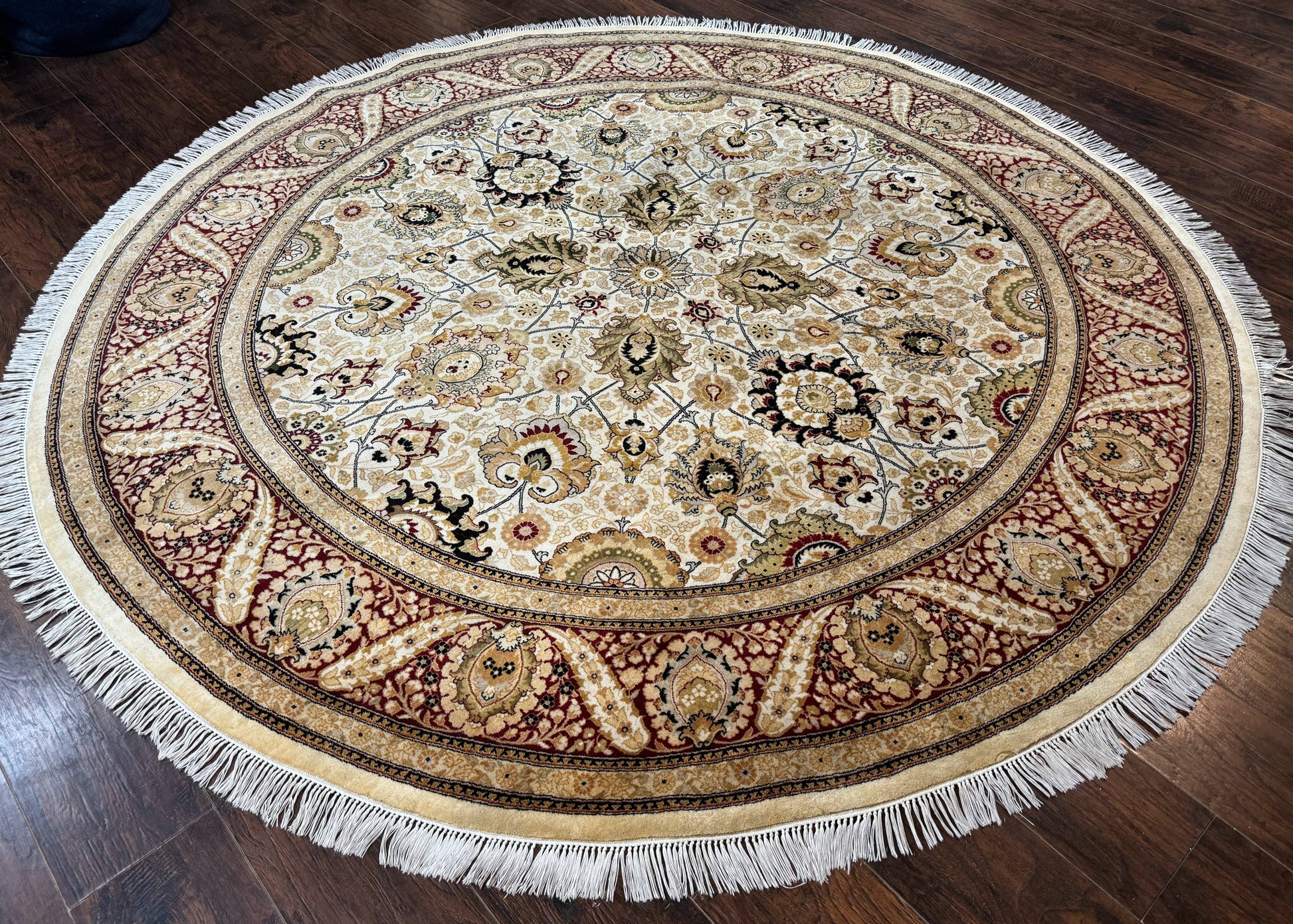 Round Pak Persian Rug 8x8, Vintage Handmade Wool Traditional Carpet, Beige Dark Red, Fine 270 KPSI - Nuvé