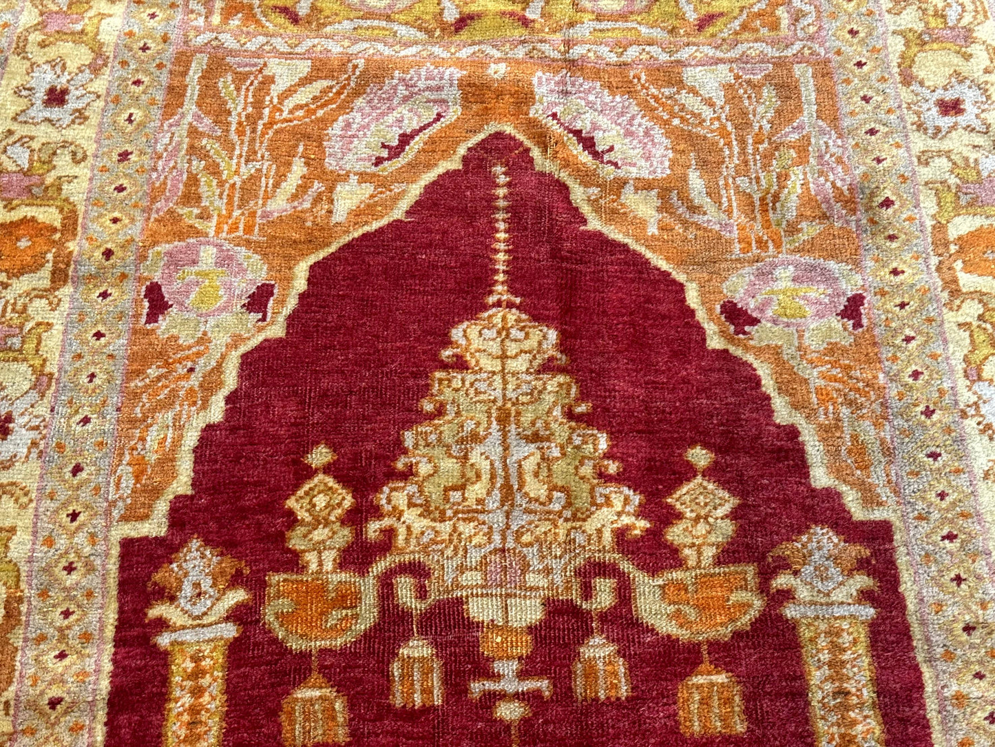 Antique Turkish Prayer Rug 4x6, Red and Golden Mustard, Mihrab Design, Anatolian Carpet - Nuvé