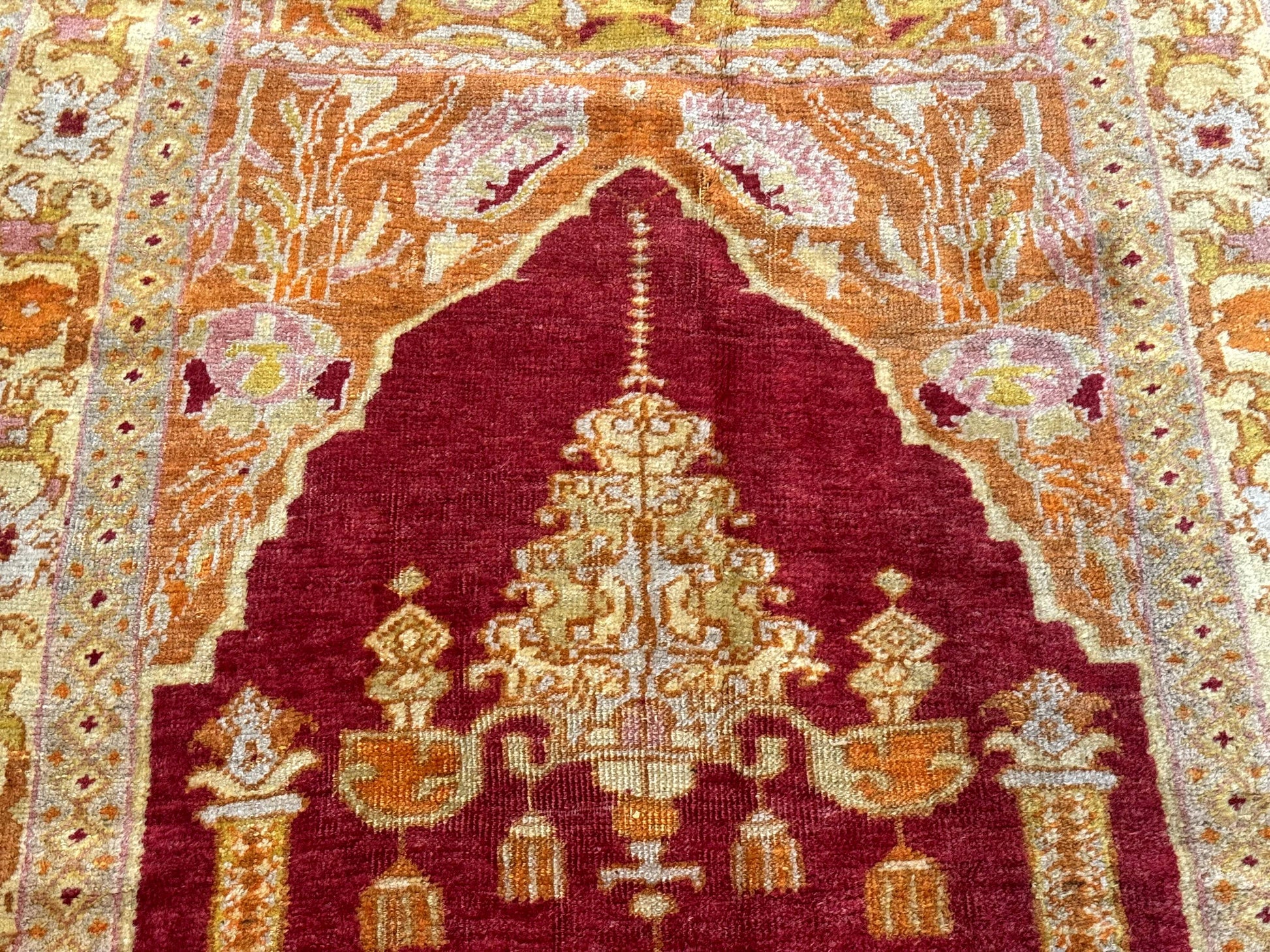 Antique Turkish Prayer Rug 4x6, Red and Golden Mustard, Mihrab Design, Anatolian Carpet - Nuvé