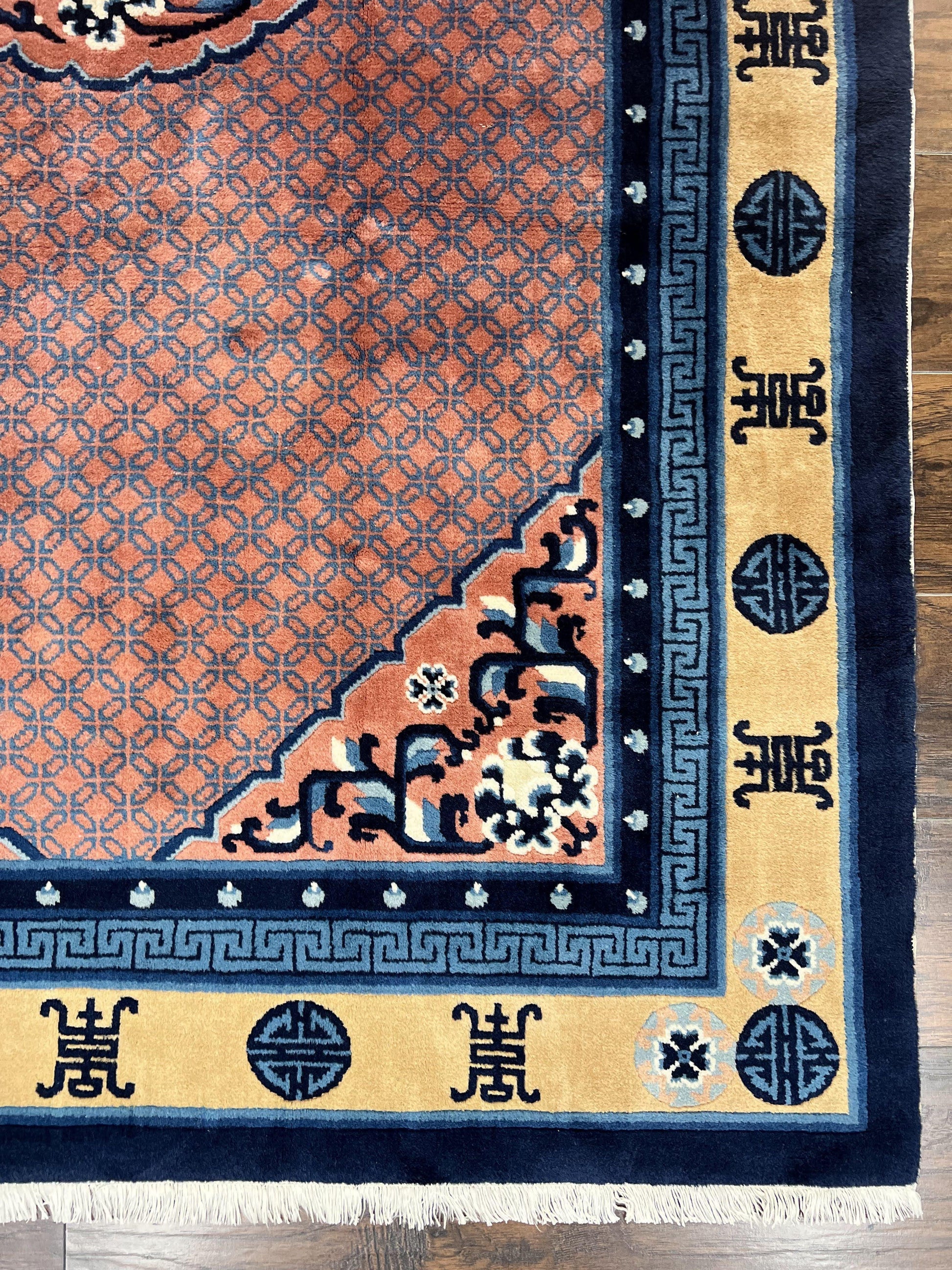Chinese Peking Rug 5x8, Vintage Semi Antique Chinese Art Deco Carpet, Wool Pile Light Red/Salmon Gold Navy Blue, Handmade Asian Oriental Rug - Nuvé