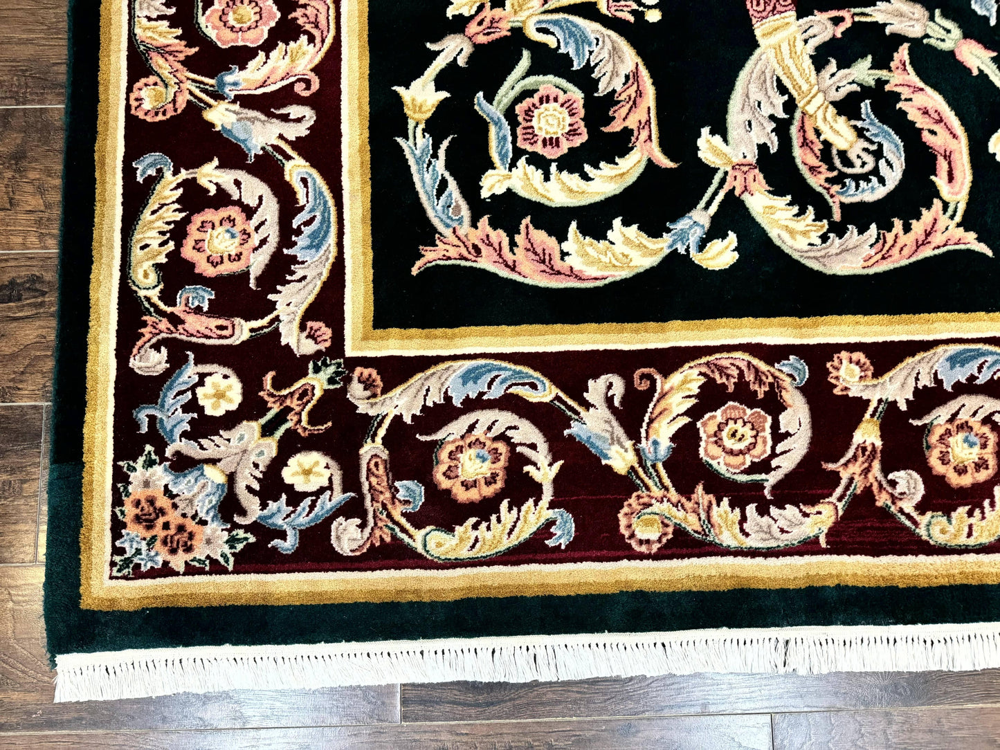 Aubusson Rug 9x12, Dark Green, European Design, Vintage Fine Handmade Carpet, Elegant - Nuvé