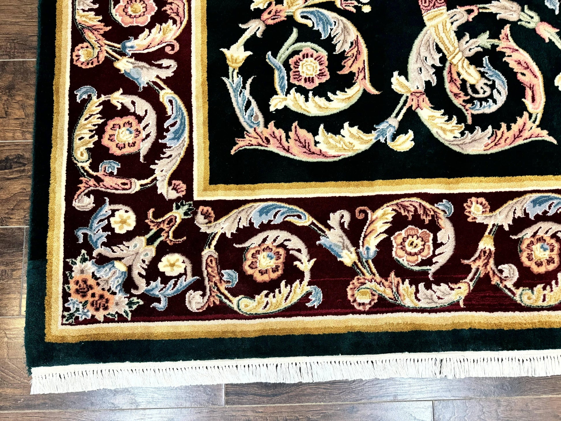 Aubusson Rug 9x12, Dark Green, European Design, Vintage Fine Handmade Carpet, Elegant - Nuvé