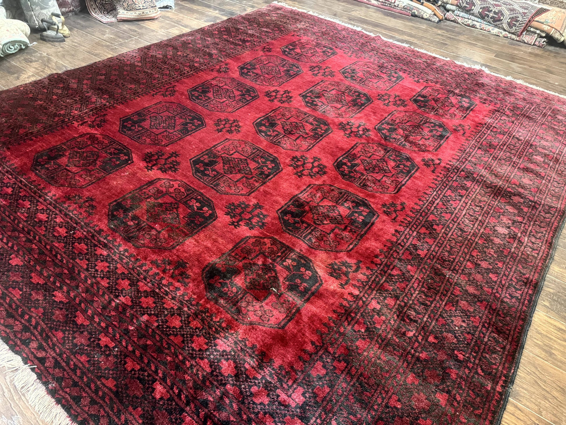 Afghan Turkoman Rug 9x10, Red Beshir Carpet, Tribal, Wool, Antique - Nuvé