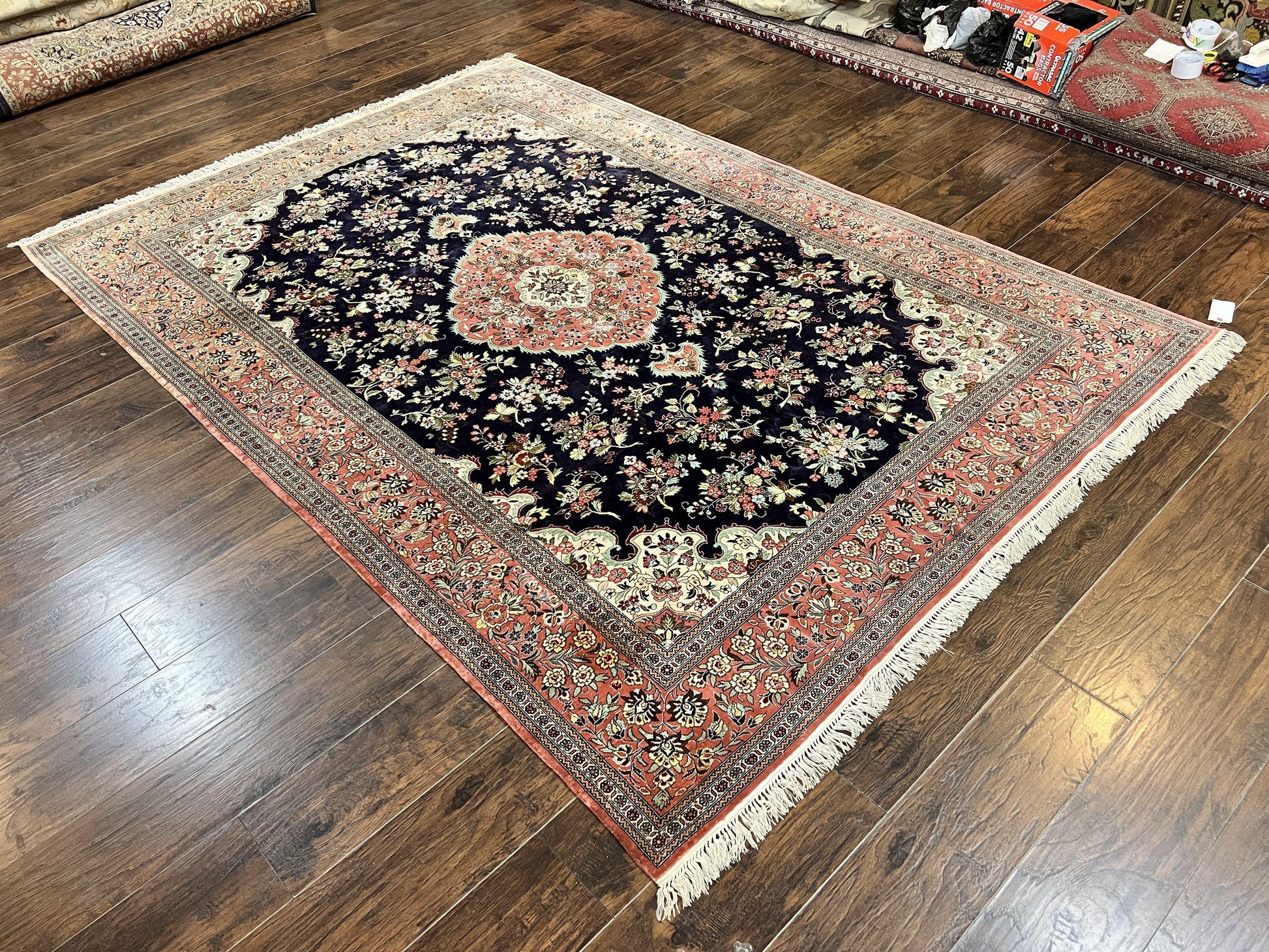 Stunning Silk Persian Qum Rug 7x9, Finely Hand Knotted Navy Blue & Salmon Floral Medallion Authentic Oriental Carpet, Vintage Handmade Silk Ghom Rug, Silk on Silk - Nuvé