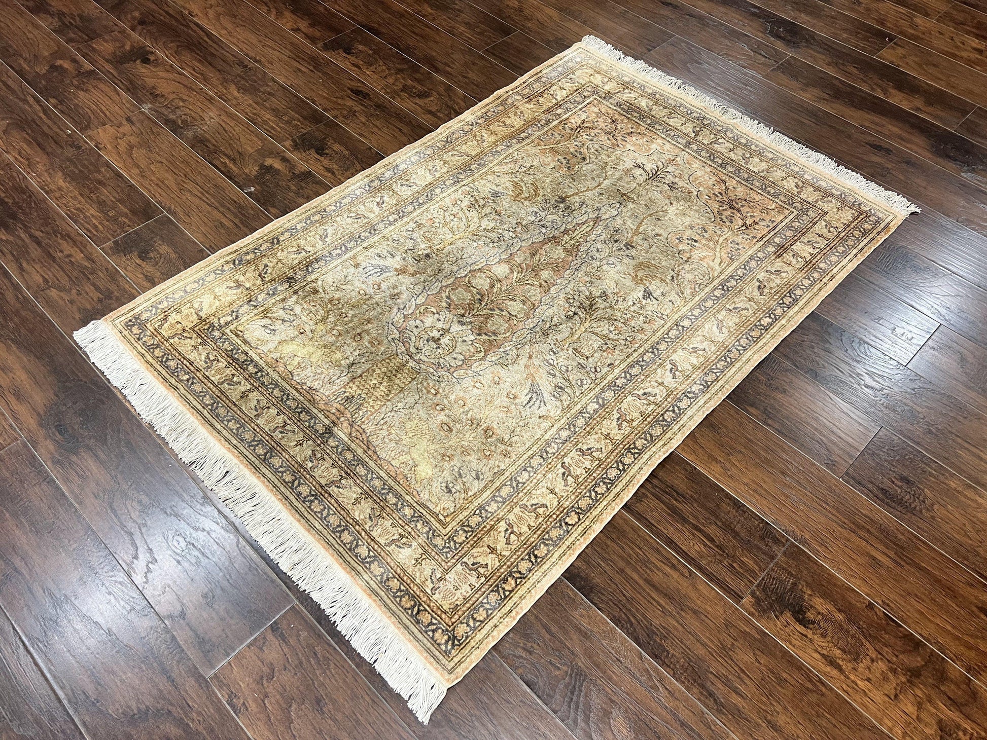 Turkish Kayseri Silk Rug 4x6, Tree of Life Pattern, Vintage Handmade Hand Knotted Carpet, Animal Pictorials, Birds - Nuvé