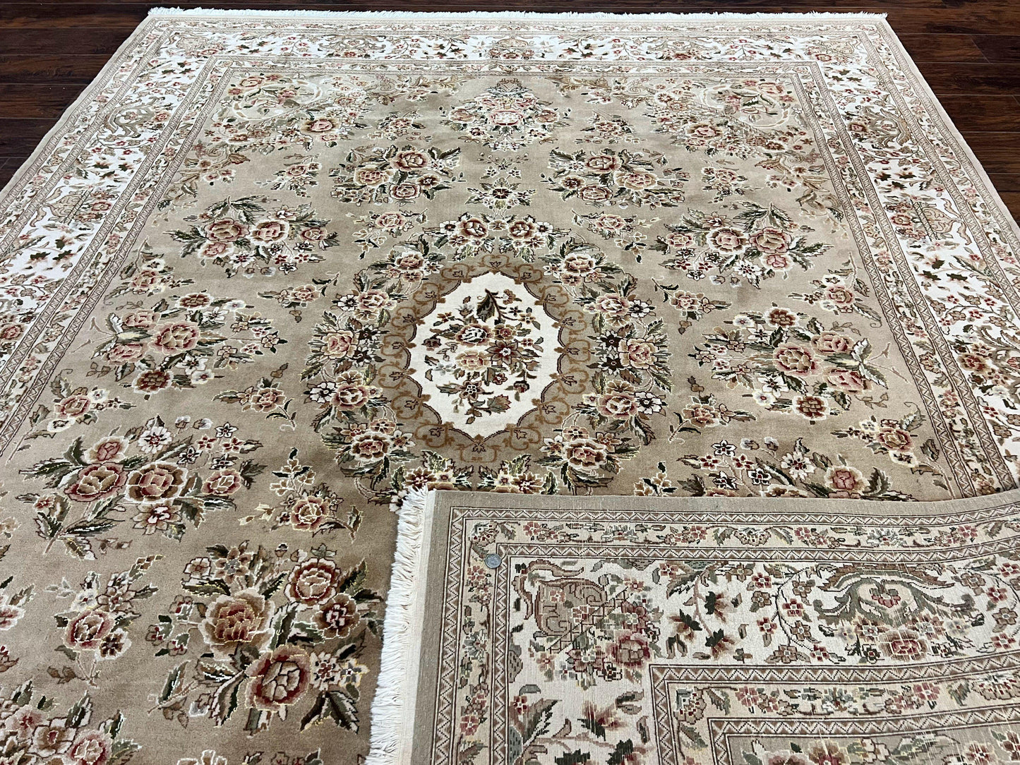 Sino Persian Rug 8x10, Soft Wool, Silk Highlights, Hand Knotted Vintage Carpet, Taupe & Ivory, Floral, Traditional Rug 8 x 10 - Nuvé