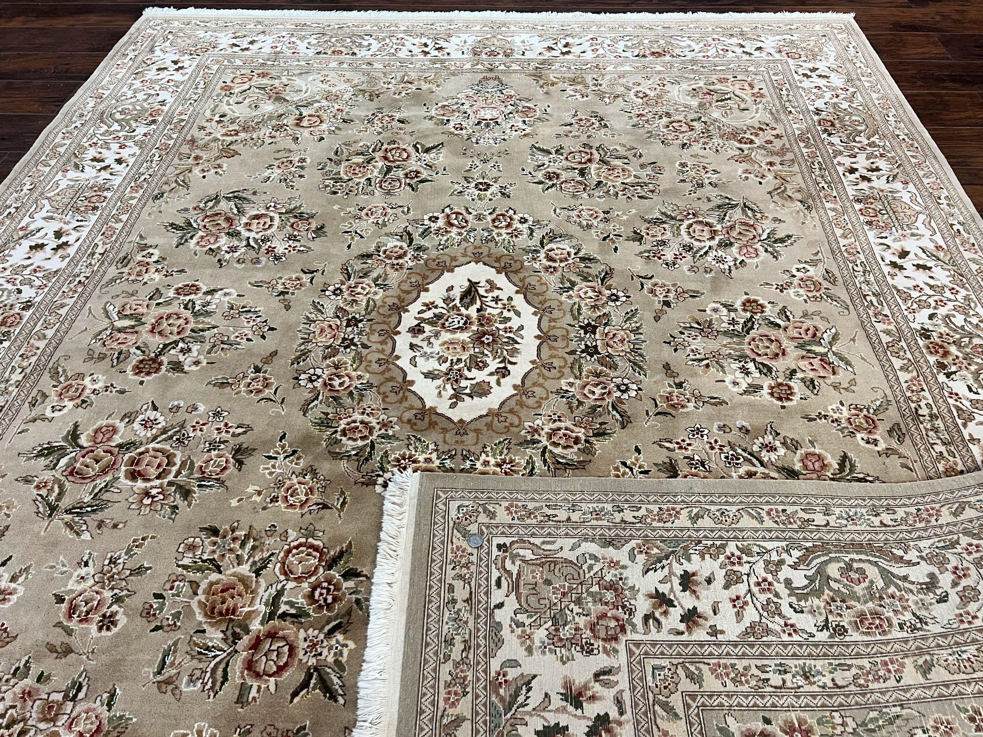 Sino Persian Rug 8x10, Soft Wool, Silk Highlights, Hand Knotted Vintage Carpet, Taupe & Ivory, Floral, Traditional Rug 8 x 10 - Nuvé