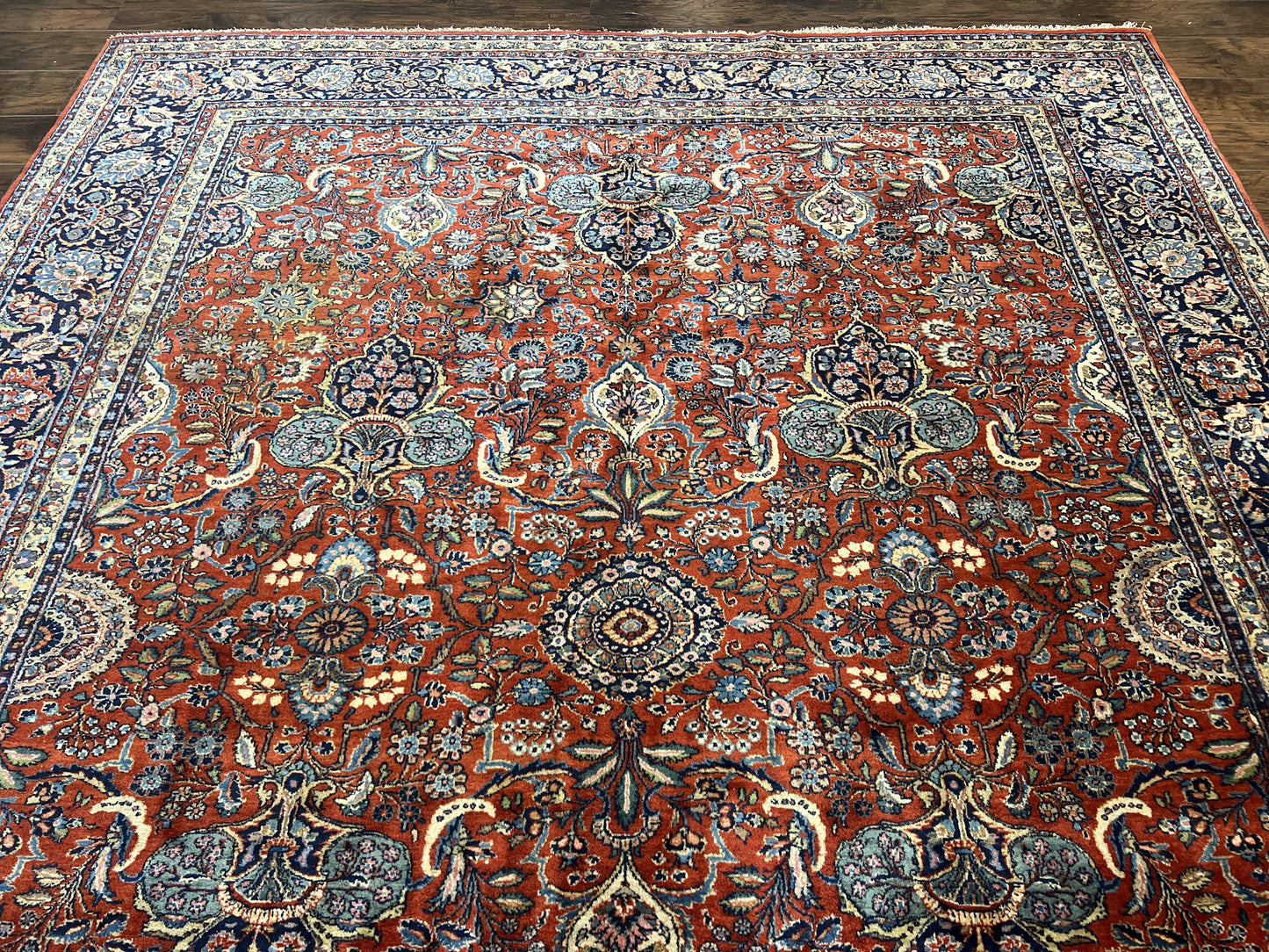 Persian Sarouk Rug 9x12, Red and Dark Blue Floral Allover Antique Persian Carpet, Handmade Wool Qazvin Rug - Nuvé