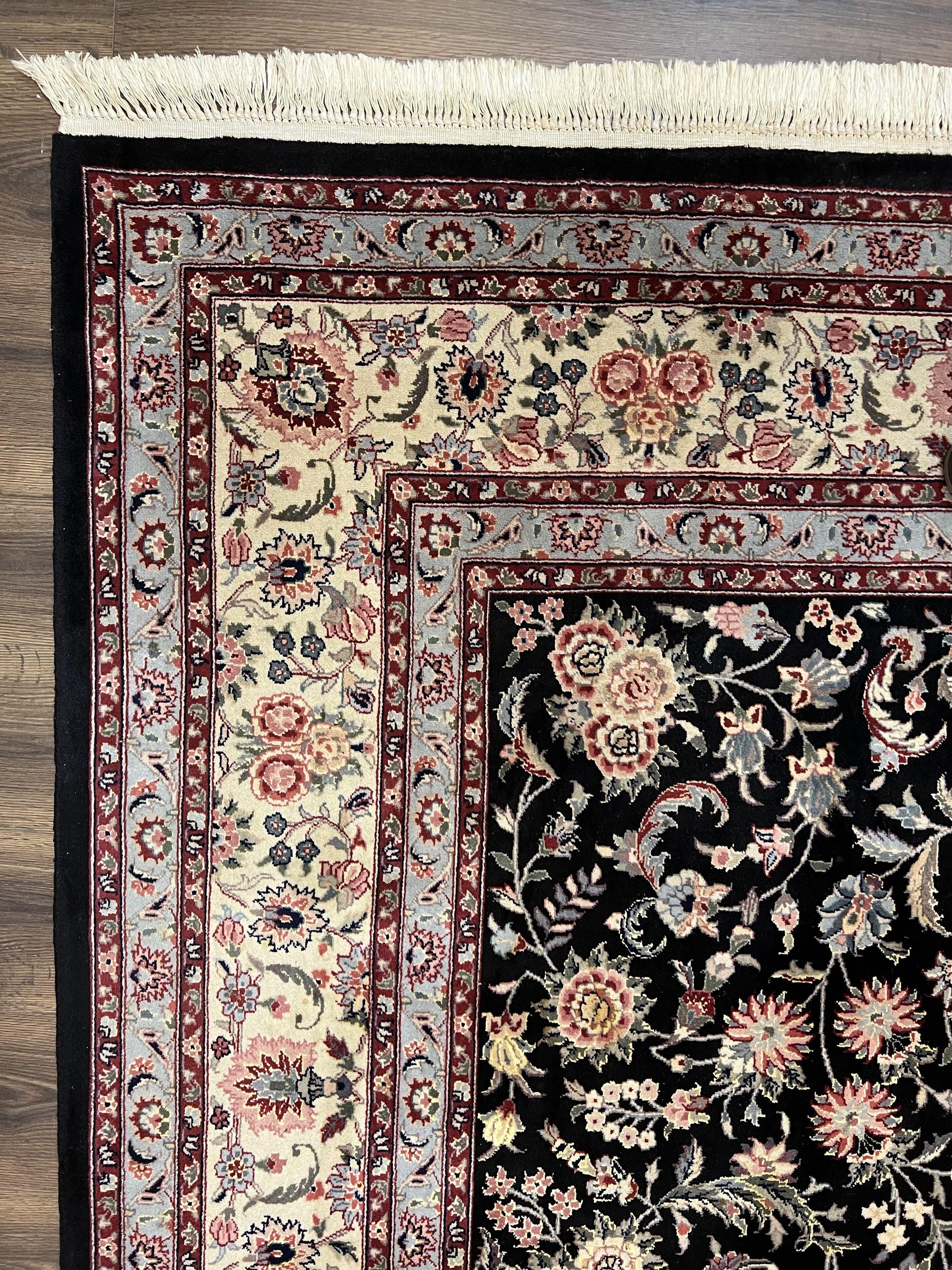 Pak Persian Rug 9x12, Floral Allover, Hand Knotted Oriental Carpet 9 x 12 ft, Black and Cream, Detailed, Wool with Silk Highlights, Vintage - Nuvé