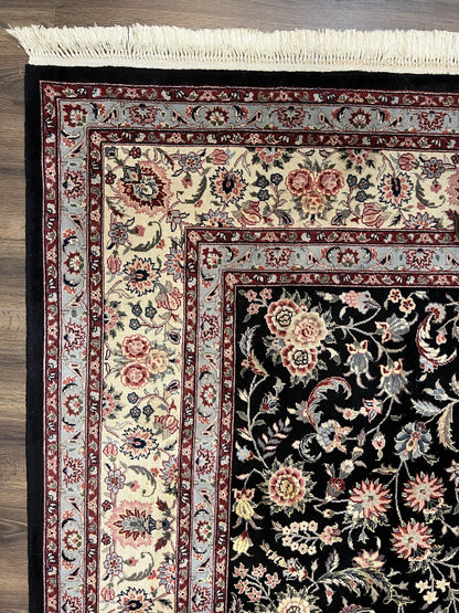 Pak Persian Rug 9x12, Floral Allover, Hand Knotted Oriental Carpet 9 x 12 ft, Black and Cream, Detailed, Wool with Silk Highlights, Vintage - Nuvé