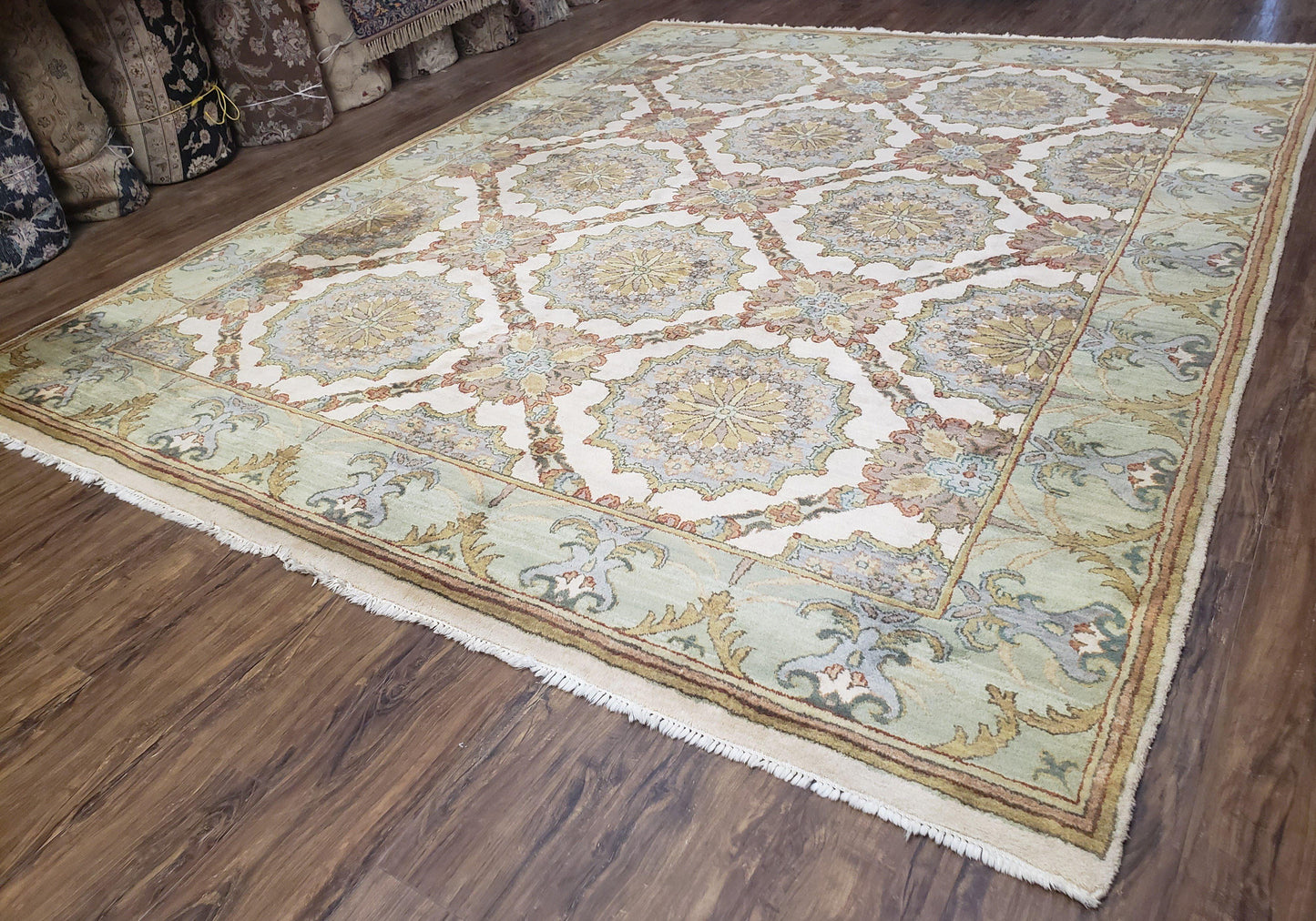 Indo Sultanabad Area Rug 8 x 9.5, Wool Hand-Knotted Ivory Green Teal Decorative Rug, Floral Panel Carpet, Indian Rug, 8 x 10 Bedroom Rug - Nuvé