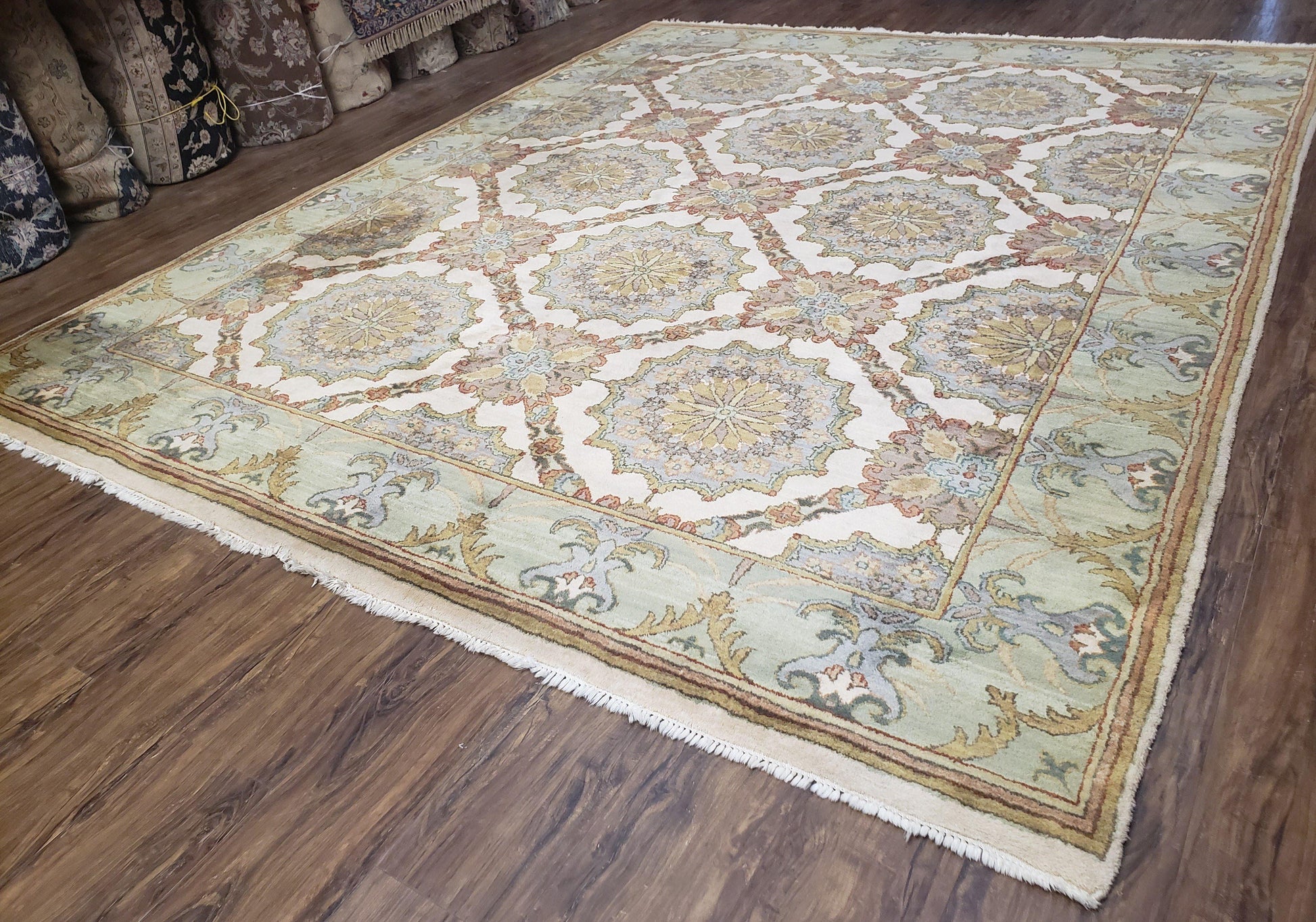 Indo Sultanabad Area Rug 8 x 9.5, Wool Hand-Knotted Ivory Green Teal Decorative Rug, Floral Panel Carpet, Indian Rug, 8 x 10 Bedroom Rug - Nuvé