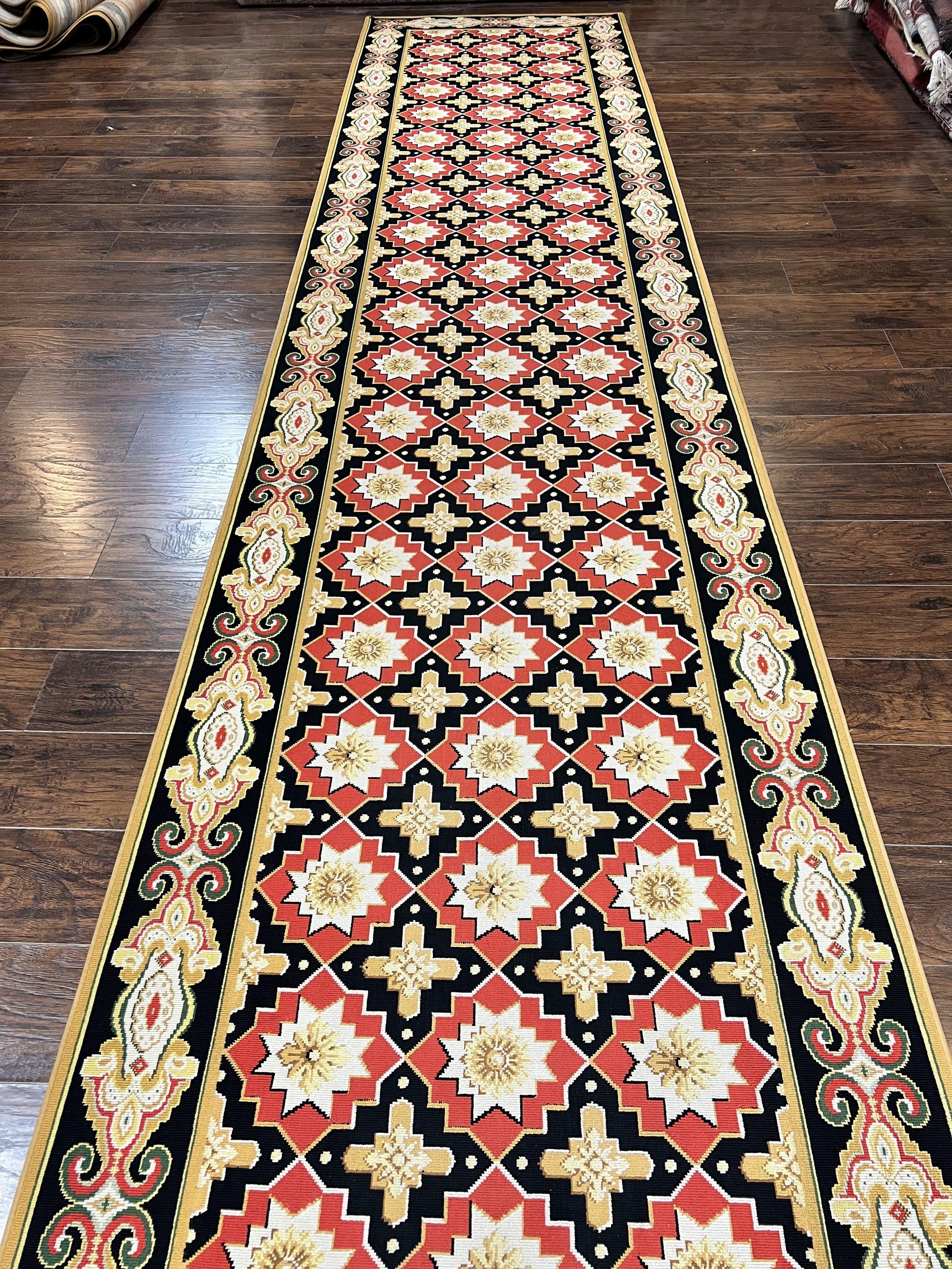 Runner Rug 4x19, Panel Design Rug, Custom Made Stark Runner Carpet, Wool, Vintage 4 x 19 Hallway Rug, European Design, Red Black Ivory Tan - Nuvé