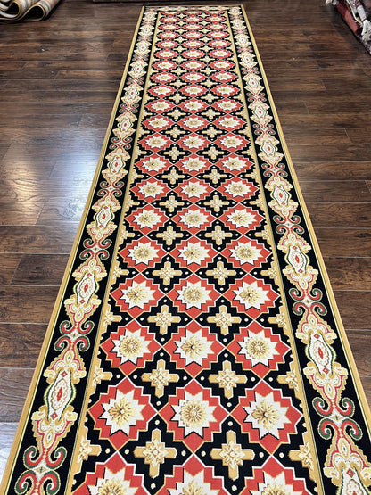 Runner Rug 4x19, Panel Design Rug, Custom Made Stark Runner Carpet, Wool, Vintage 4 x 19 Hallway Rug, European Design, Red Black Ivory Tan - Nuvé