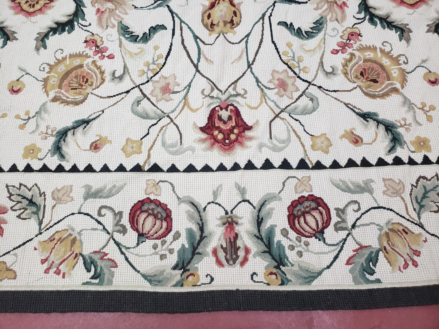 New Needlepoint Rug 9x12, Hand Woven Wool Area Rug, Flatweave Carpet, Handmade Chinese Needlepoint, Floral European Design, Ivory Background - Nuvé