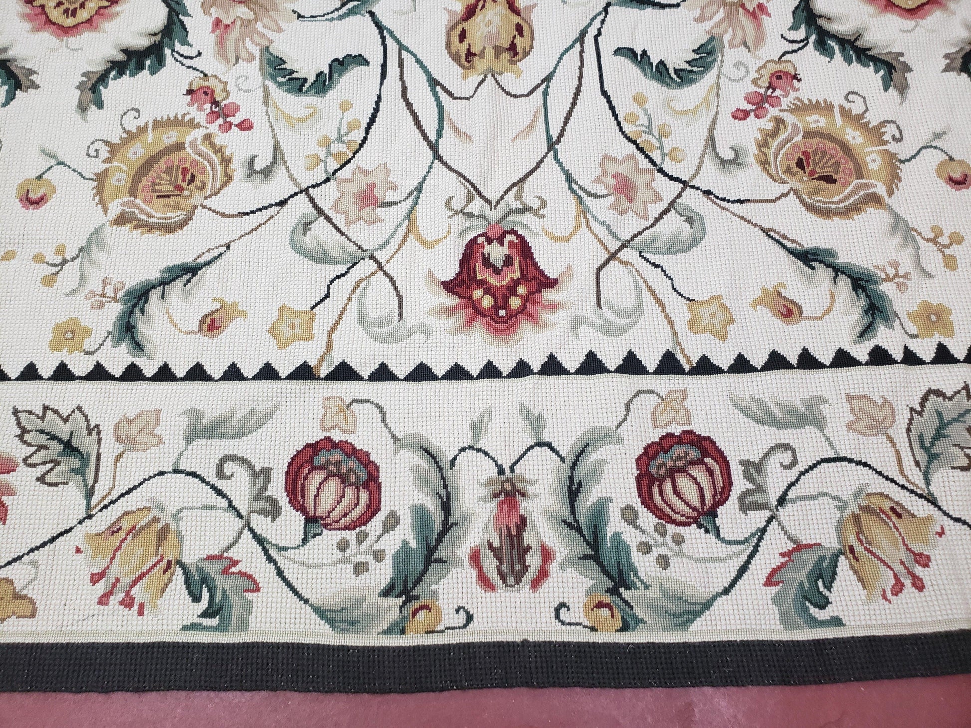 New Needlepoint Rug 9x12, Hand Woven Wool Area Rug, Flatweave Carpet, Handmade Chinese Needlepoint, Floral European Design, Ivory Background - Nuvé