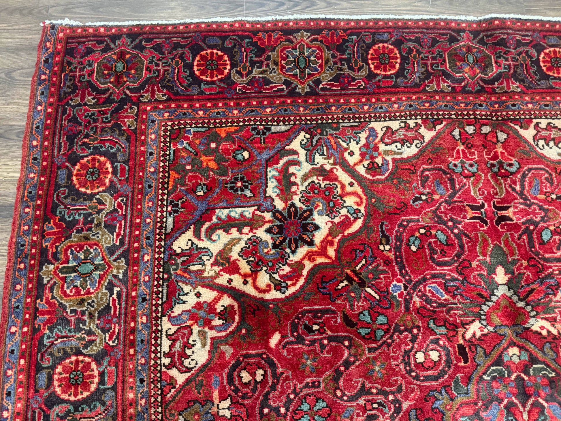Persian Heriz Rug 7x10, Red and Navy, Geometric Medallion, Vintage Wool Carpet - Nuvé